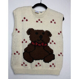 Vintage JG Hook Hand Knit Shetland Wool Sweater Vest Teddy Bear Size Small Cream